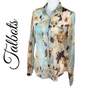 TALBOTS FLORAL COTTON BUTTON UP SEMI SHEER SHIRT
